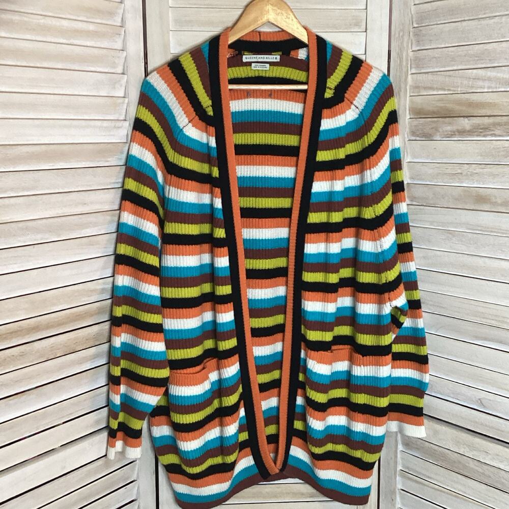 Queene And Belle 100% Cashmere Scotland Striped Oversized Open Cardigan